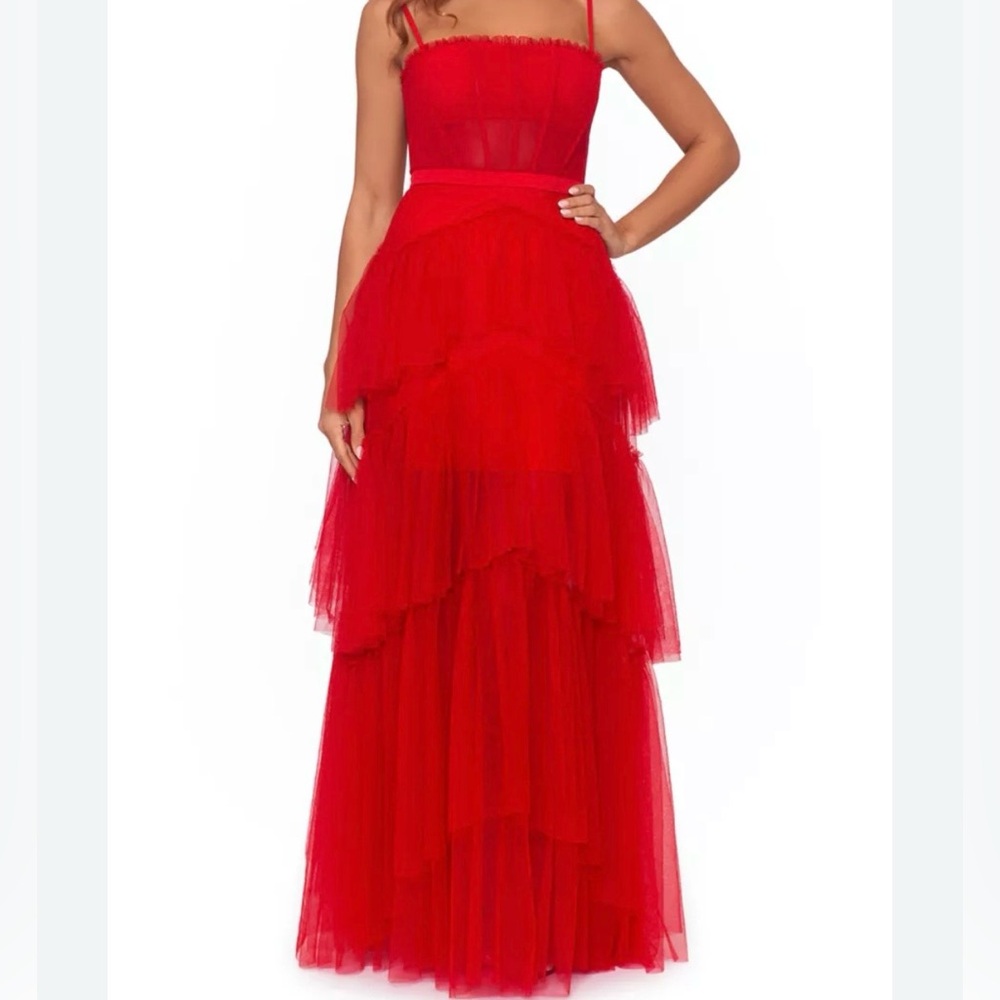 Betsy & Adam Tiered Tulle Mesh Red Corset Gown Prom Dress Gala Wedding sz 10